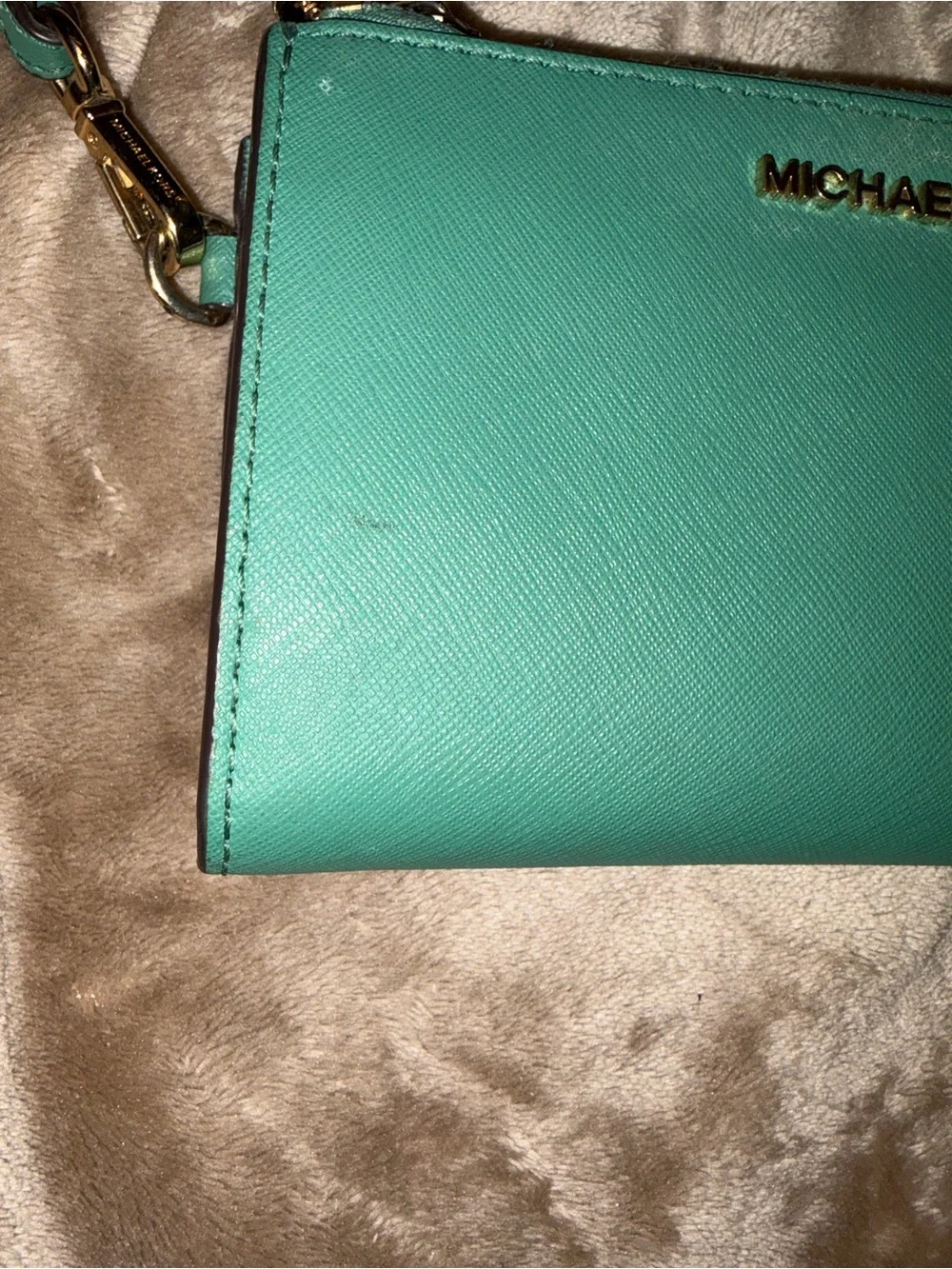 Michael Kors Green Teal Wristlet Clutch with Gold Logo
